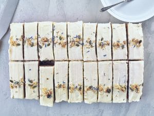 Carrot Cake, sliced into 18 portions and viewed from above