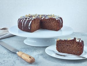 Ginger Cake, sliced and on a cake stand